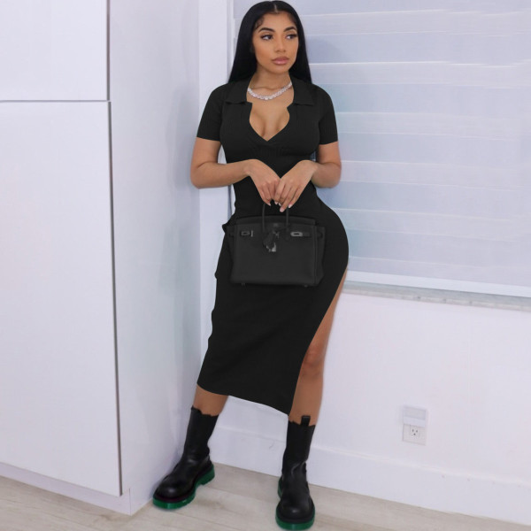 Spring and autumn pit strip V-neck split fashion sexy casual women's dress