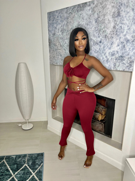 Summer sexy halter neck low-cut drawstring blouse flared trousers two-piece women's