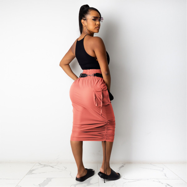 Solid Color High Waist Ladies Long Skirt Pull-Up Pleated Skirt