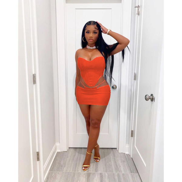 Women's summer wrap chest fake two-piece skirt suit sexy leather nightclub two-piece set