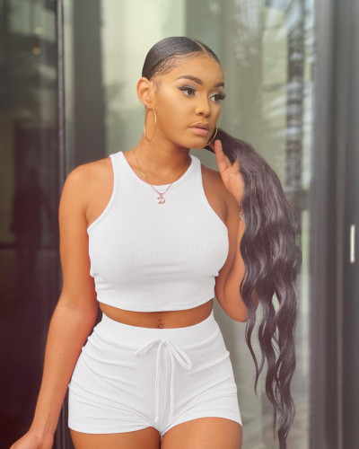 Women's Fashion Casual Solid Color Waistless Strap Decoration Slim Vest Hot Pants Sports Two-piece Set