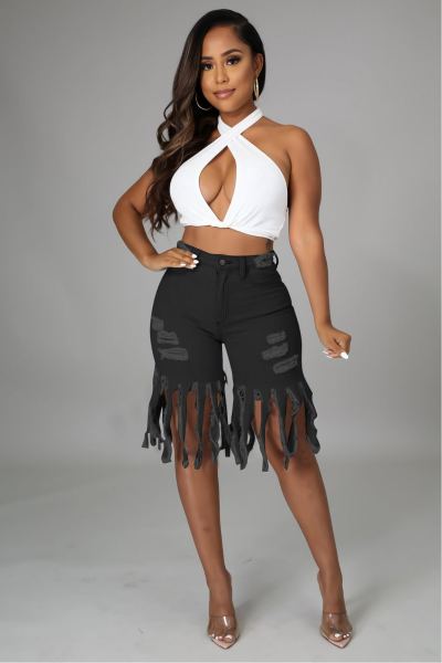 Casual Solid Frayed Fringe Jeans