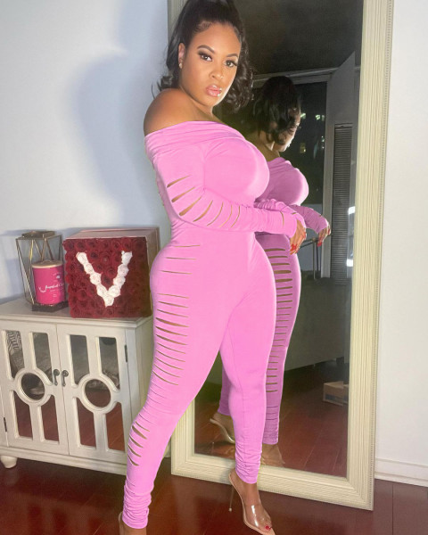 Sexy women's spring and summer jumpsuits One word neck ripped jumpsuit