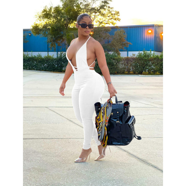 Solid Color Sleeveless Cutout Halter Stretch Slim Straight Jumpsuit