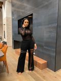 Solid color burnt hole zipper flared pants single pants