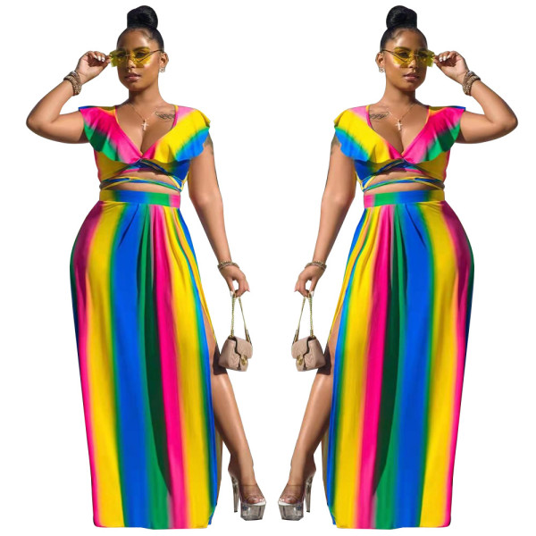 Plus Size Women Fashion Sexy Print Ruffle Two Piece Set