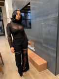 Solid color burnt hole zipper flared pants single pants