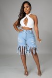 Casual Solid Frayed Fringe Jeans