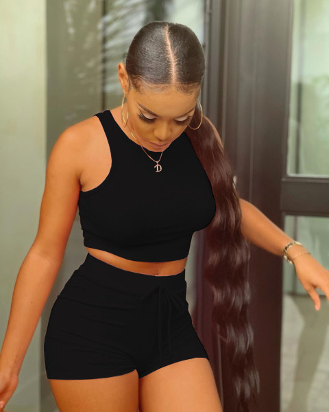 Women's Fashion Casual Solid Color Waistless Strap Decoration Slim Vest Hot Pants Sports Two-piece Set