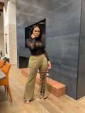 Solid color burnt hole zipper flared pants single pants