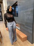 Solid color burnt hole zipper flared pants single pants
