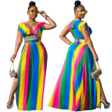 Plus Size Women Fashion Sexy Print Ruffle Two Piece Set