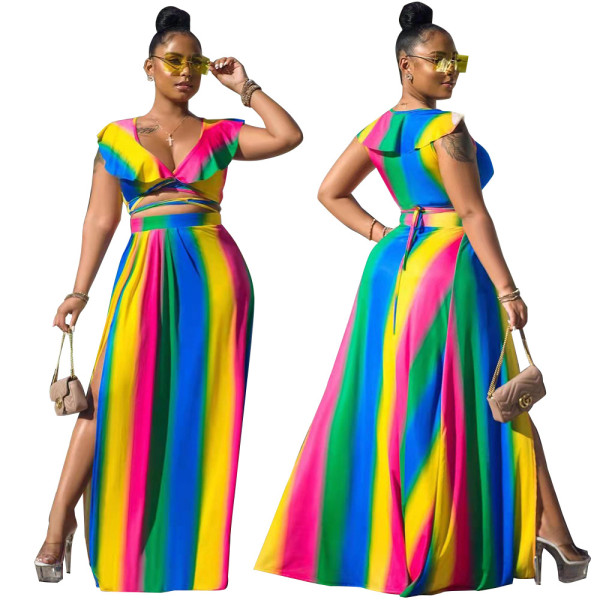 Plus Size Women Fashion Sexy Print Ruffle Two Piece Set