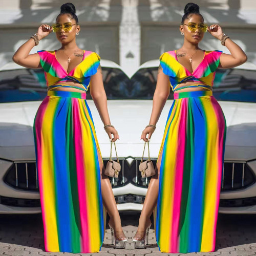 Plus Size Women Fashion Sexy Print Ruffle Two Piece Set