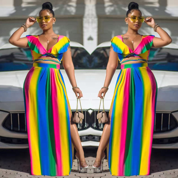 Plus Size Women Fashion Sexy Print Ruffle Two Piece Set
