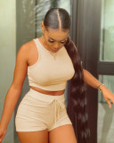 Women's Fashion Casual Solid Color Waistless Strap Decoration Slim Vest Hot Pants Sports Two-piece Set