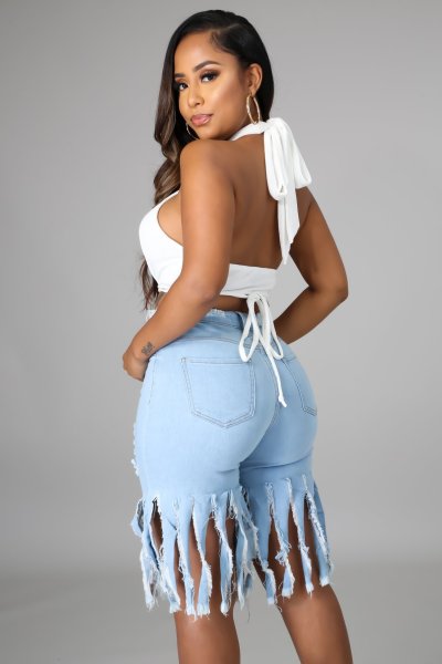 Casual Solid Frayed Fringe Jeans