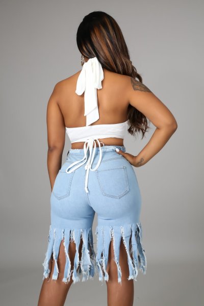 Casual Solid Frayed Fringe Jeans