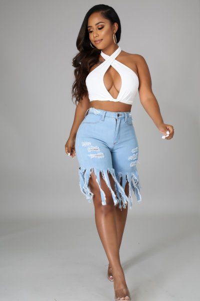 Casual Solid Frayed Fringe Jeans