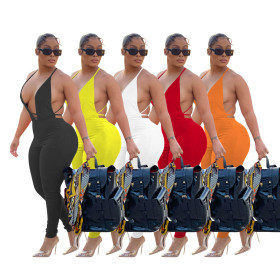 Solid Color Sleeveless Cutout Halter Stretch Slim Straight Jumpsuit