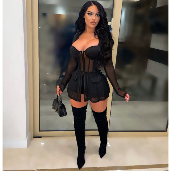 Women's Mesh See-Through Panel Zip Two-Piece Suit