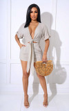 Summer deep V neck solid color fashion two-piece suit