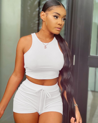 Women's Fashion Casual Solid Color Waistless Strap Decoration Slim Vest Hot Pants Sports Two-piece Set