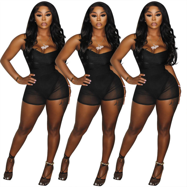Sexy one-piece top + mesh shorts two-piece women's clothing