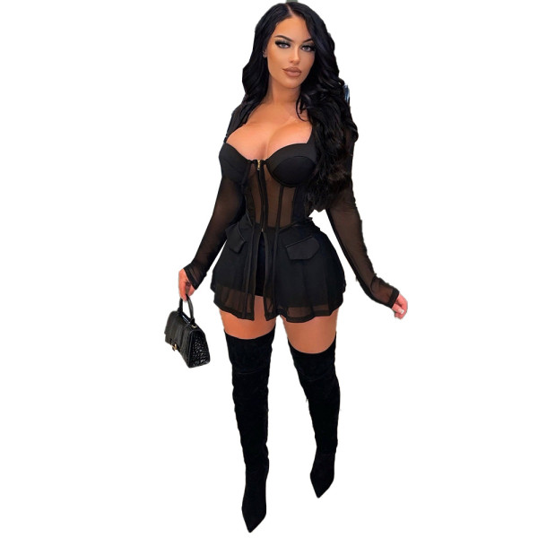 Women's Mesh See-Through Panel Zip Two-Piece Suit