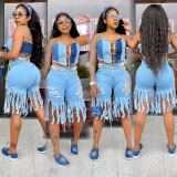 Casual Solid Frayed Fringe Jeans