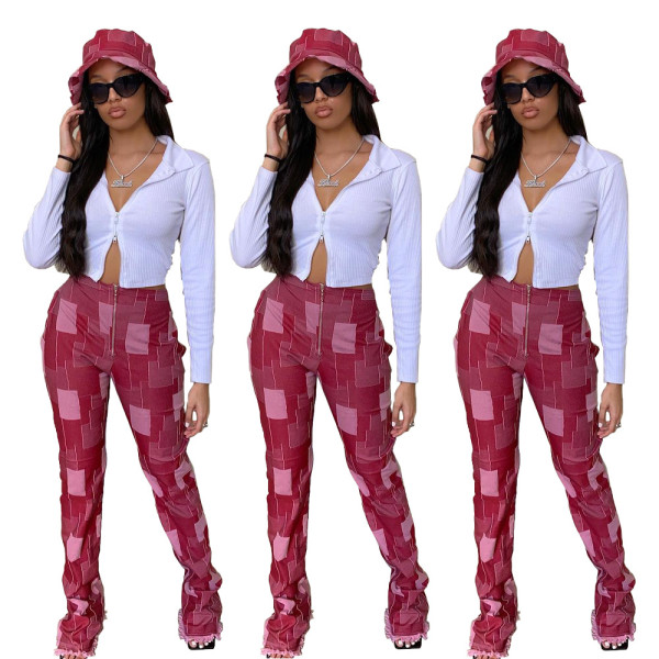 Women's Fashion Faux Denim Plaid Printed Hem Fringe Casual Pants