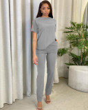 Spring/Summer Leisure Sports Solid Color Round Neck Short Sleeve Ribbon Splicing Two-piece Set