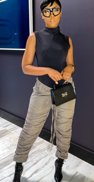 Pleated Drawstring High Waist Stretch Stacked Pants