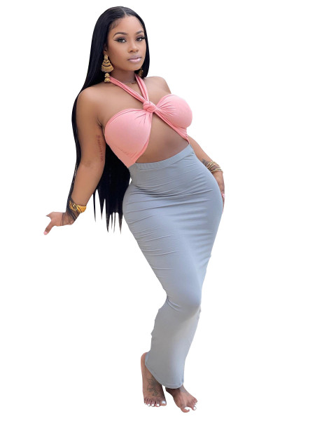 Women's summer cute halterneck wrap chest sexy color matching dress