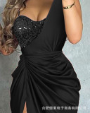 Women's Sequin Panel Satin Gathered Party Dress
