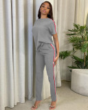 Spring/Summer Leisure Sports Solid Color Round Neck Short Sleeve Ribbon Splicing Two-piece Set