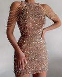 Fashion halter neck sexy crystal tassel bag hip sequin dress spring and summer