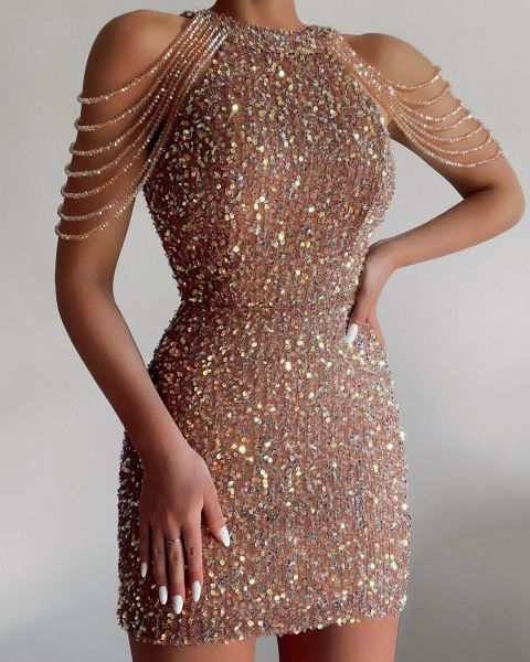 Fashion halter neck sexy crystal tassel bag hip sequin dress spring and summer