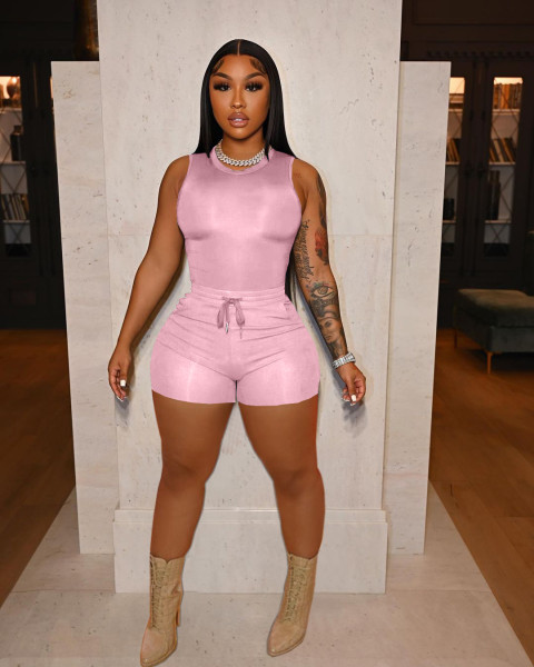 Women's Fashion Casual Solid Color Tank Top Slim Shorts Strap Sports Suits