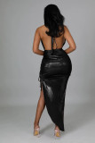Women's temperament dress halter neck open back slit ruffled lace irregular dress