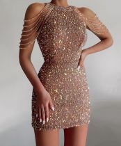 Fashion halter neck sexy crystal tassel bag hip sequin dress spring and summer