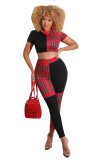 Women's Spring/Summer Fashion Plaid Print Short Sleeve Two Piece Set