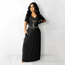 Printed Solid Cotton Faux Maxi Dress