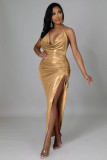 Women's temperament dress halter neck open back slit ruffled lace irregular dress