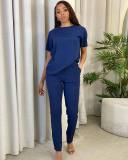 Spring/Summer Leisure Sports Solid Color Round Neck Short Sleeve Ribbon Splicing Two-piece Set