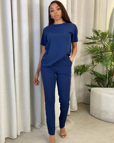 Spring/Summer Leisure Sports Solid Color Round Neck Short Sleeve Ribbon Splicing Two-piece Set