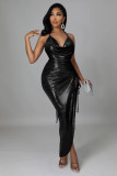 Women's temperament dress halter neck open back slit ruffled lace irregular dress