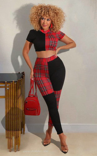 Women's Spring/Summer Fashion Plaid Print Short Sleeve Two Piece Set