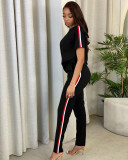 Spring/Summer Leisure Sports Solid Color Round Neck Short Sleeve Ribbon Splicing Two-piece Set