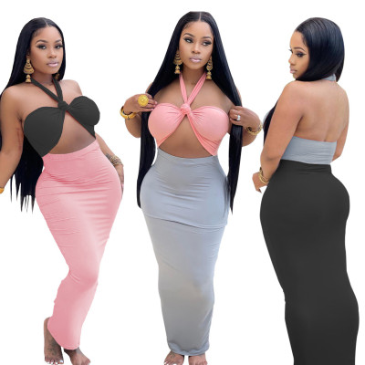 Women's summer cute halterneck wrap chest sexy color matching dress